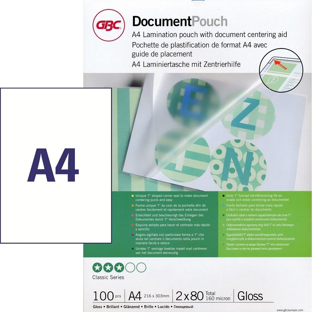 GBC - 100 pochettes de plastification A4 (216 x 303 mm) - 2 x 80 microns - brillantes