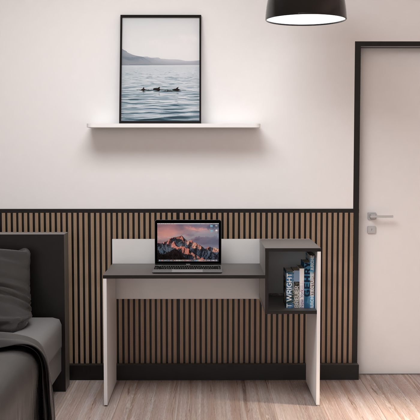 EasyHome - Bureau LV16 121 cm - avec cube de rangement - noir - pieds blancs