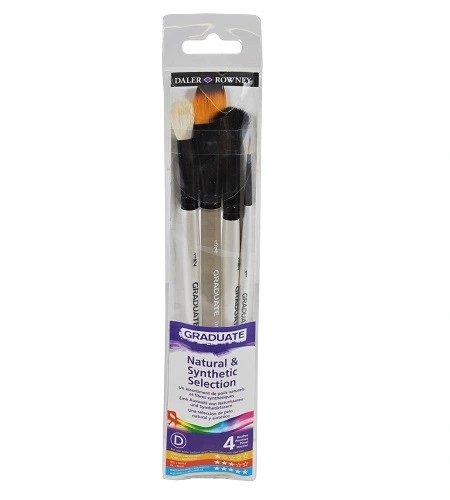 Daler-Rowney Graduate - Pack de 4 pinceaux naturels et synthétiques - rond, rondelle plate, oval wash, serpillière ronde - taille : 1, 1/2, 3/4