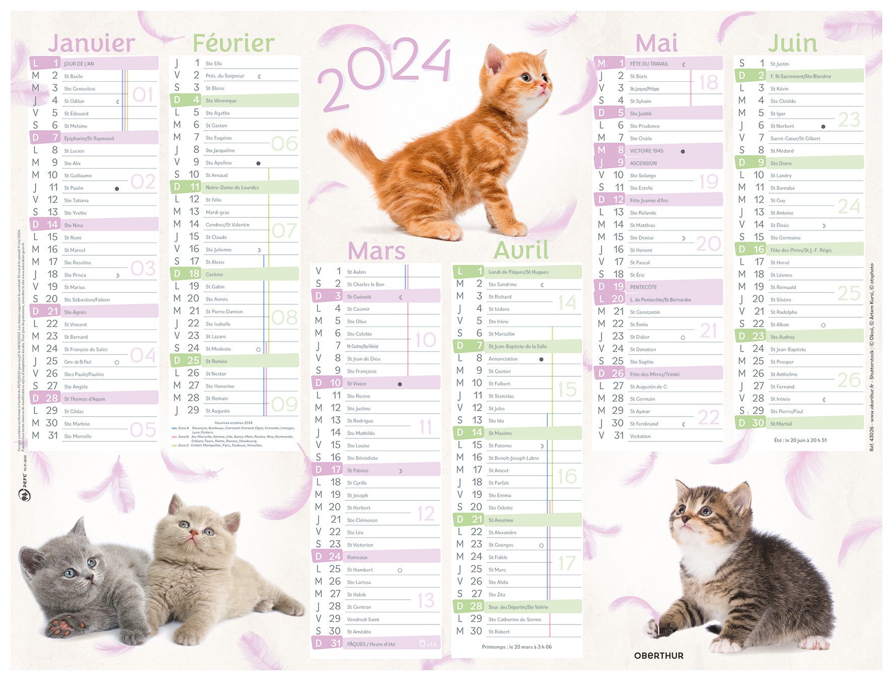 Calendrier Chats 4 saisons 6 mois par face 21 x 26,5 cm Oberthur
