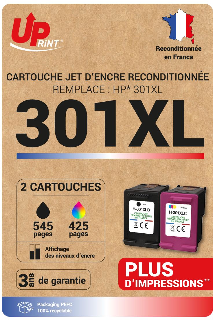 Cartouche compatible HP 301XL - Pack de 2 - noir, cyan, magenta, jaune - Uprint