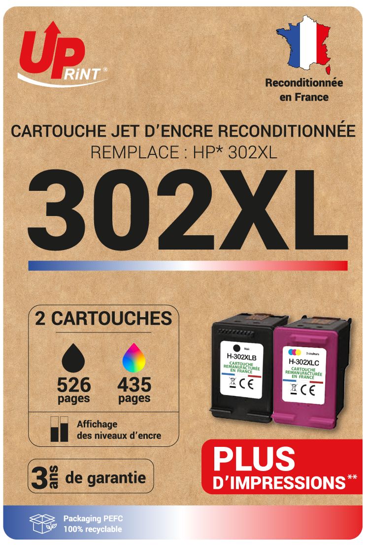 Cartouche compatible HP 302XL - Pack de 2 - noir, cyan, magenta, jaune - Uprint