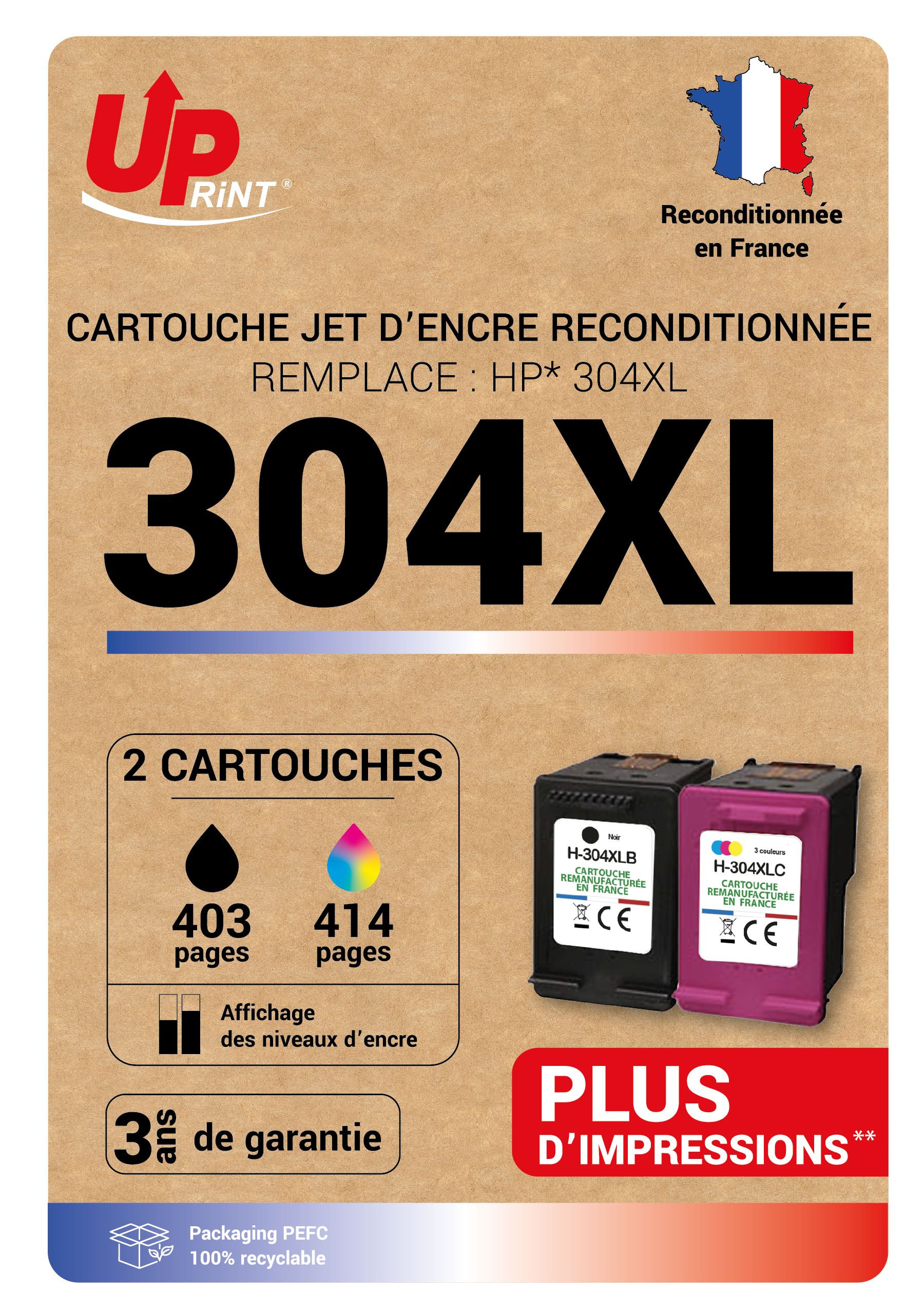 Cartouche compatible HP 304XL - Pack de 2 - noir, cyan, magenta, jaune - Uprint