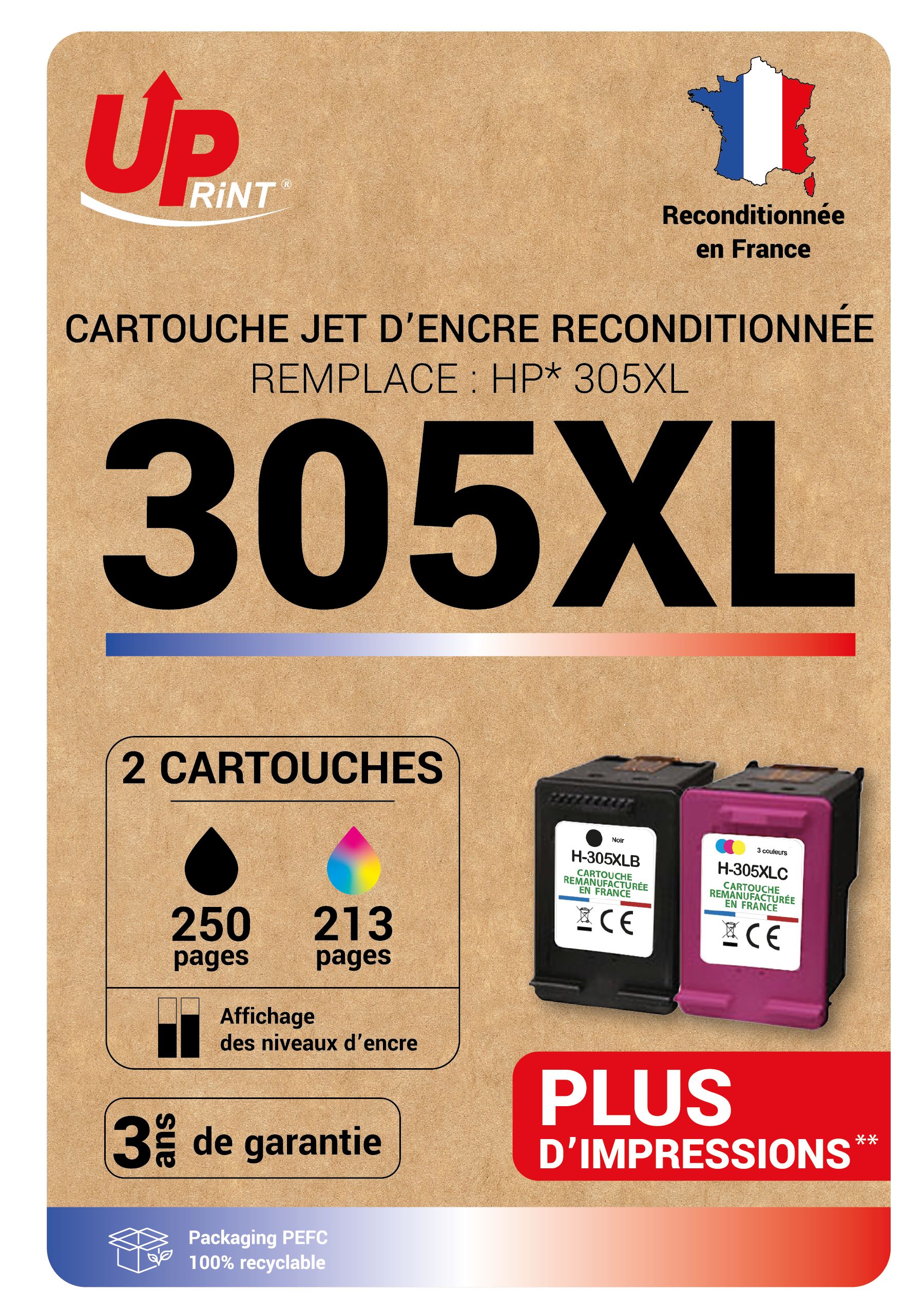 Cartouche compatible HP 305XL - Pack de 2 - noir, cyan, magenta, jaune - Uprint
