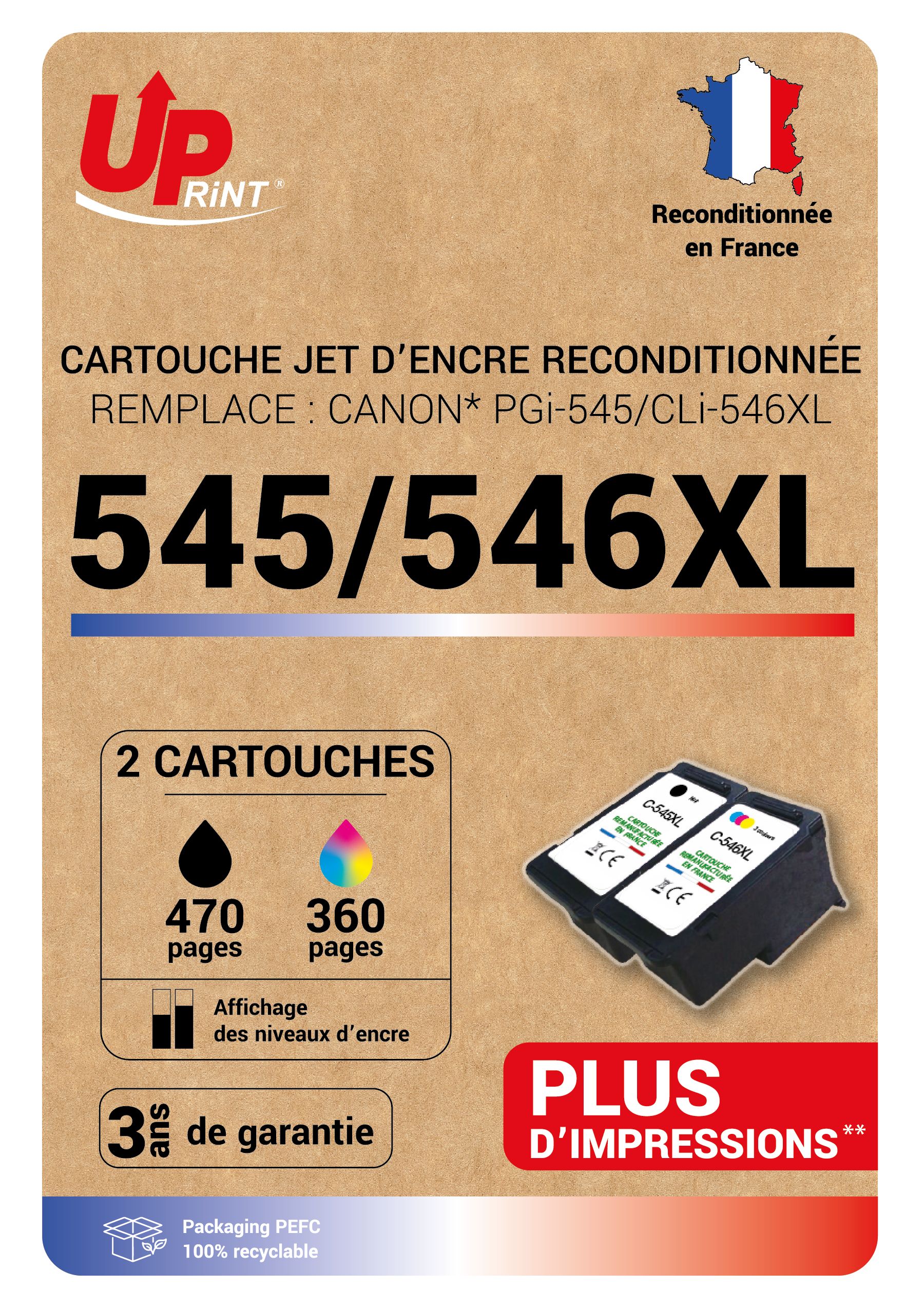 Cartouche compatible Canon PG-545/CL-546XL - Pack de 2 - noir, cyan, magenta, jaune - Uprint