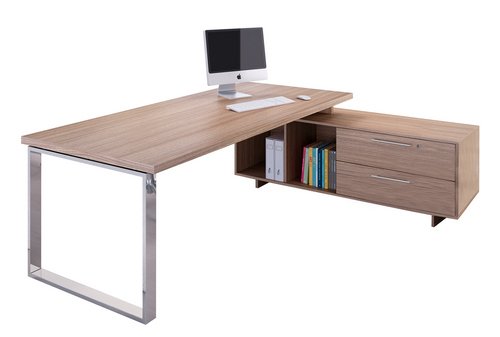 Bureau Manager FLORA - avec console retour réversible - L195 x P170 cm - pieds en métal effet chromé - plateau imitation merisier arabis