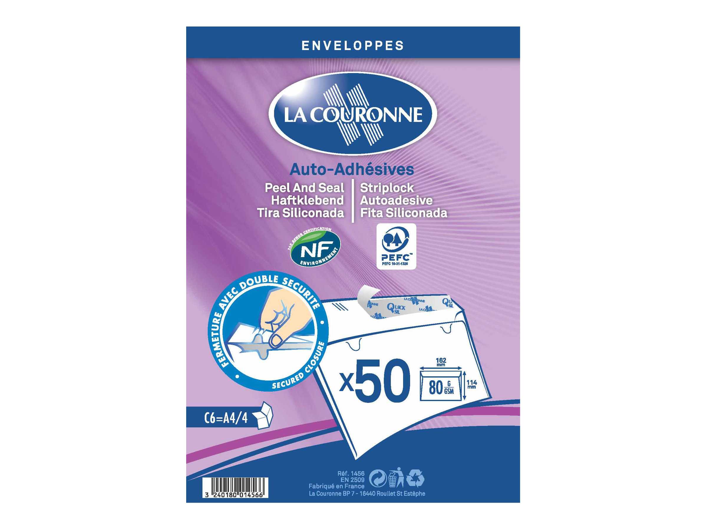 La Couronne - 50 Enveloppes C6 114 x 162 mm - 80 gr - blanc - sans fenêtre - bande auto-adhésive
