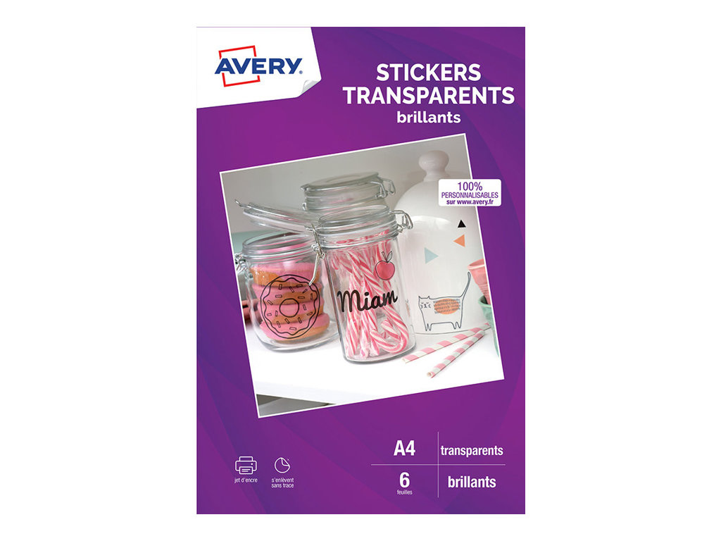 Avery - Stickers transparents A4 - 6 feuilles - impression jet d'encre