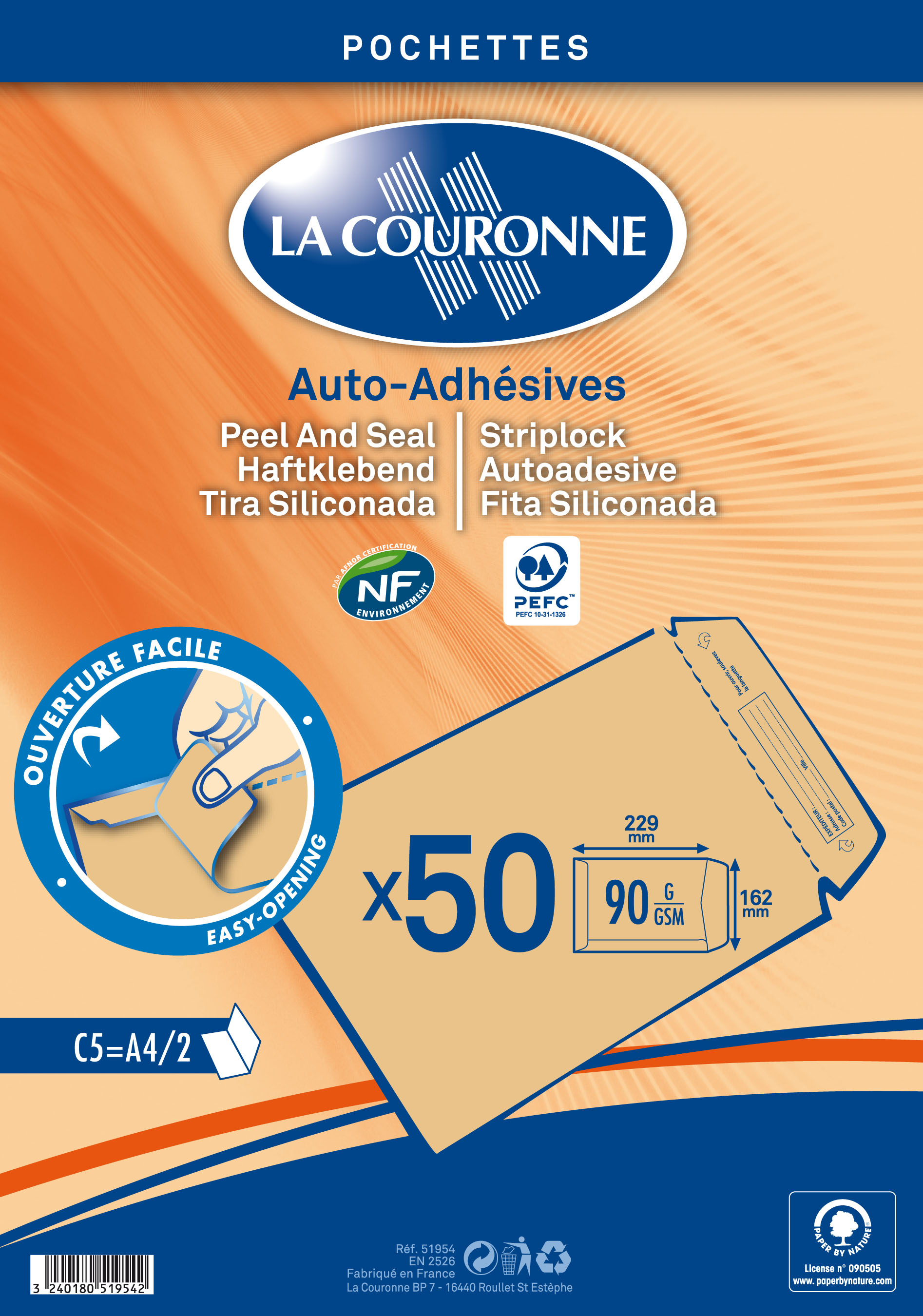 La Couronne - 50 Pochettes Enveloppes C5 162 x 229mm - 90 gr - sans fenêtre - brun - bande auto-adhésive