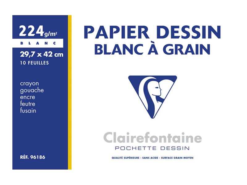 Clairefontaine Dessin à Grain - Pochette papier à dessin - 10 feuilles - A3 - 224 gr - blanc