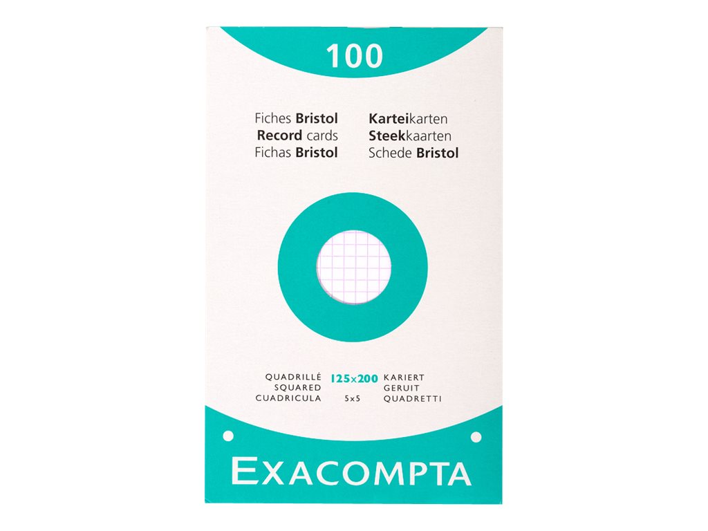 Exacompta - Pack de 100 Fiches Bristol - 12,5 x 20 cm - petits carreaux - perforées - blanc