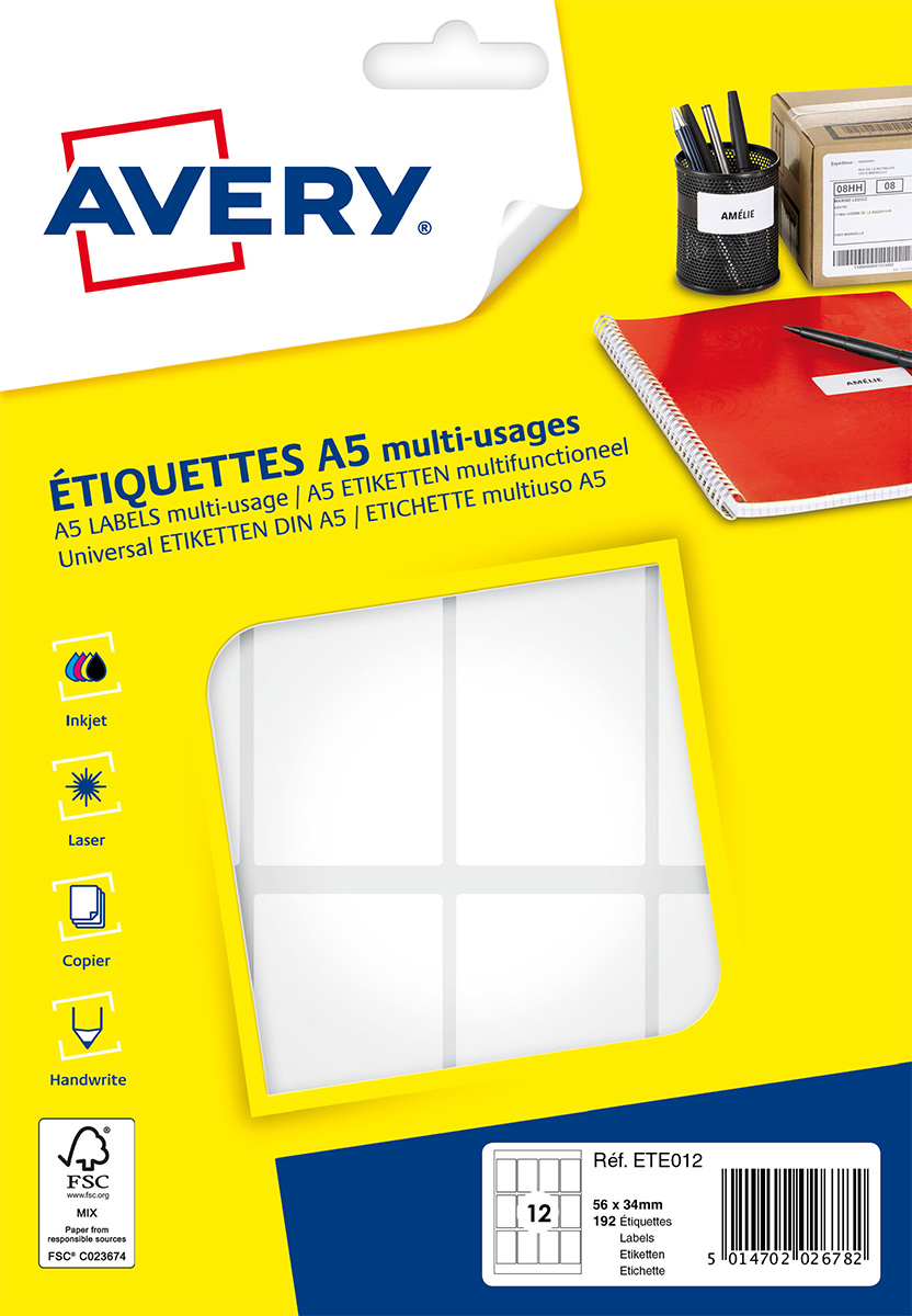 Avery - Etui A5 - 192 Étiquettes multi-usages blanches - 56 x 34 mm - réf ETE012