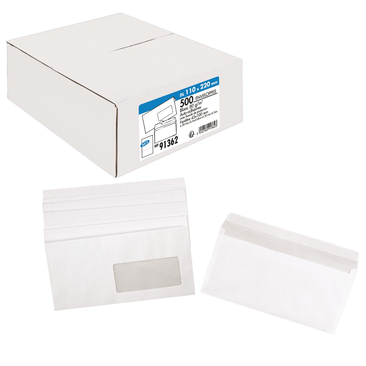 La Couronne - 500 Enveloppes DL 110 x 220 mm - 80 gr - fenêtre 45x100 mm - blanc - bande auto-adhésive