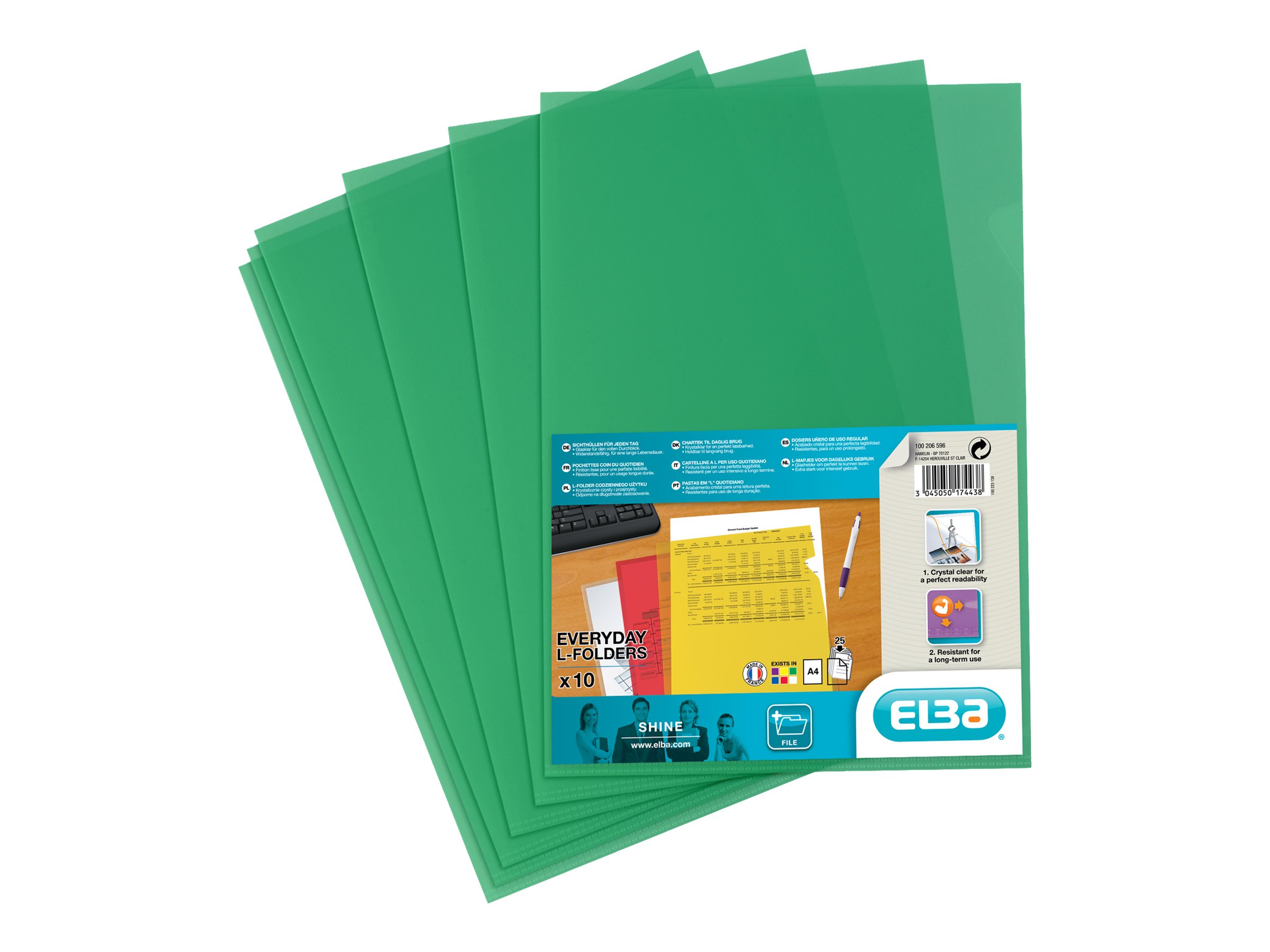 SHINE - 10 Pochettes coin - A4 - pour 25 feuilles - 12/100 - vert cristal