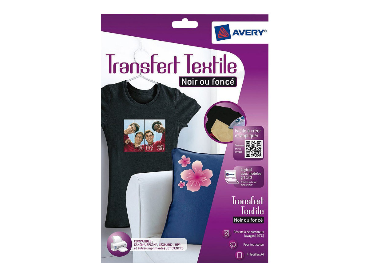 Avery - Papier transfert sur T-shirt/Textile foncé - 4 feuilles A4 - impression jet d'encre
