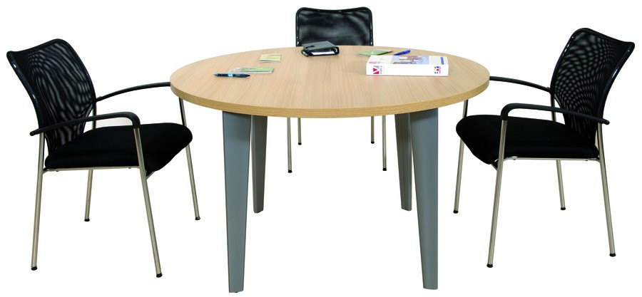 Table de réunion ronde EVIDENCE - 120 cm - Pieds aluminium - Plateau imitation chêne clair