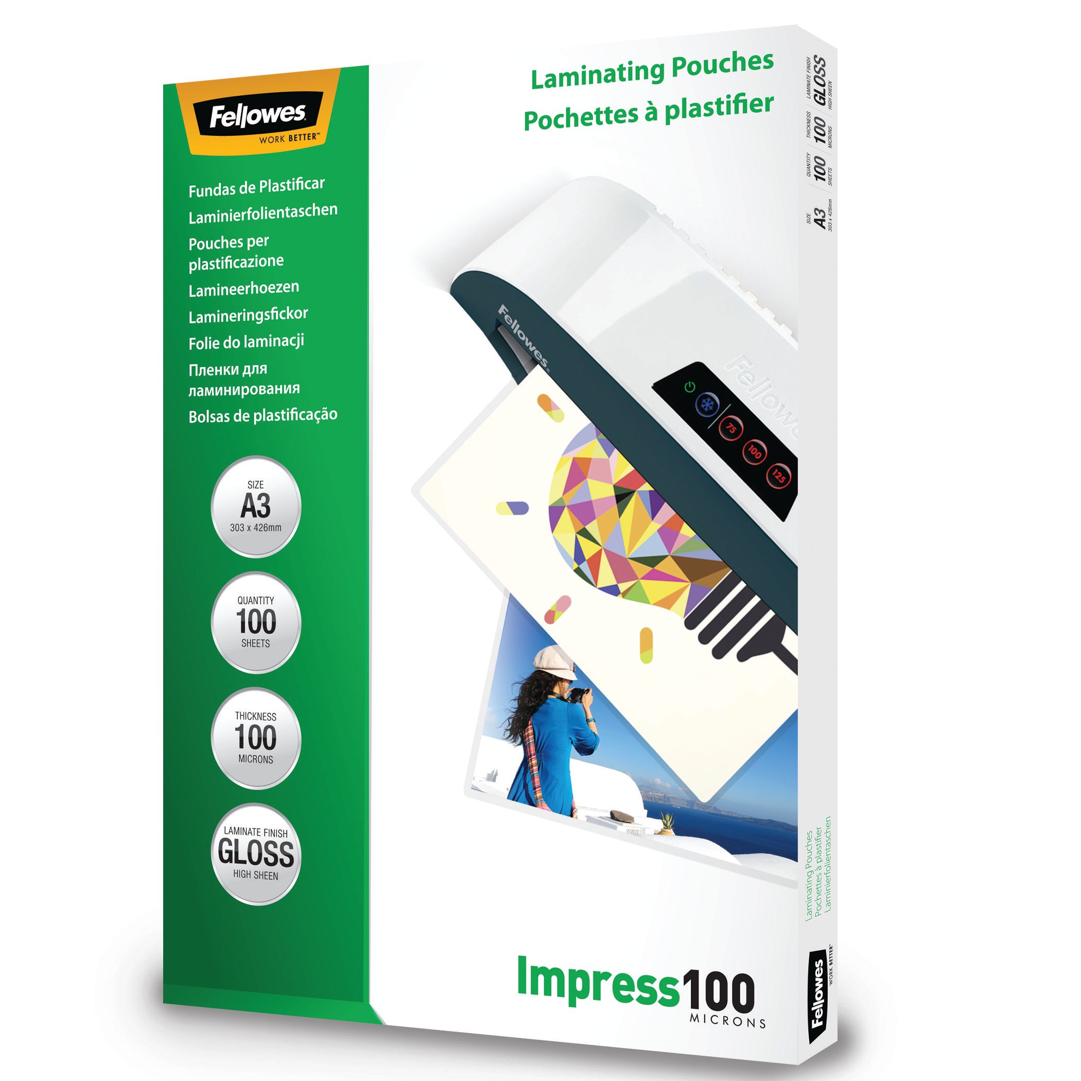 Fellowes - 100 pochettes de plastification A3 (303 x 426 mm) - 100 microns - brillantes 