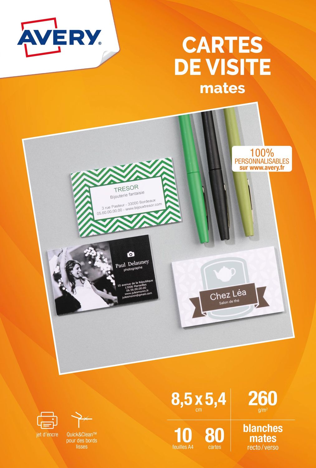 Avery - Papier pour 80 cartes de visite à bords lisses 85 x 54 mm - 260 g/m² - impression jet d'encre - 10 feuilles