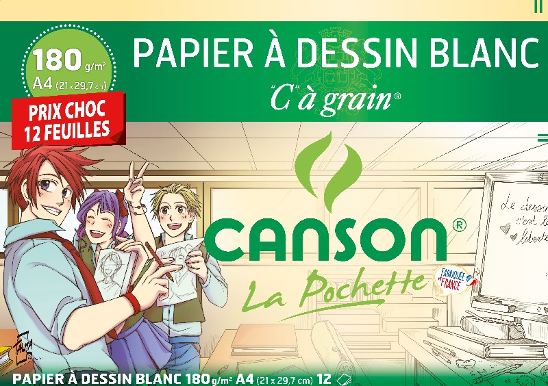 Canson C à Grain - Pochette papier à dessin - 12 feuilles - A4 - 180 gr - blanc