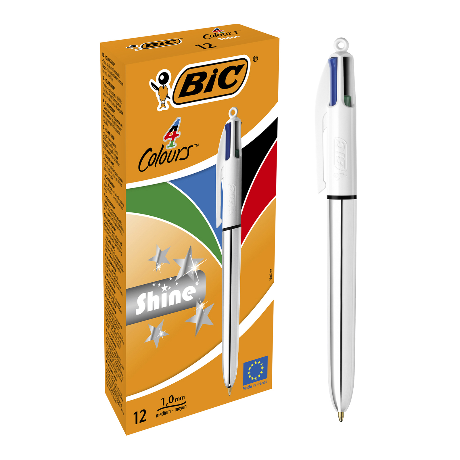 BIC 4 Couleurs Shine - 12 Stylos à bille 4 couleurs - corps argenté métallisé