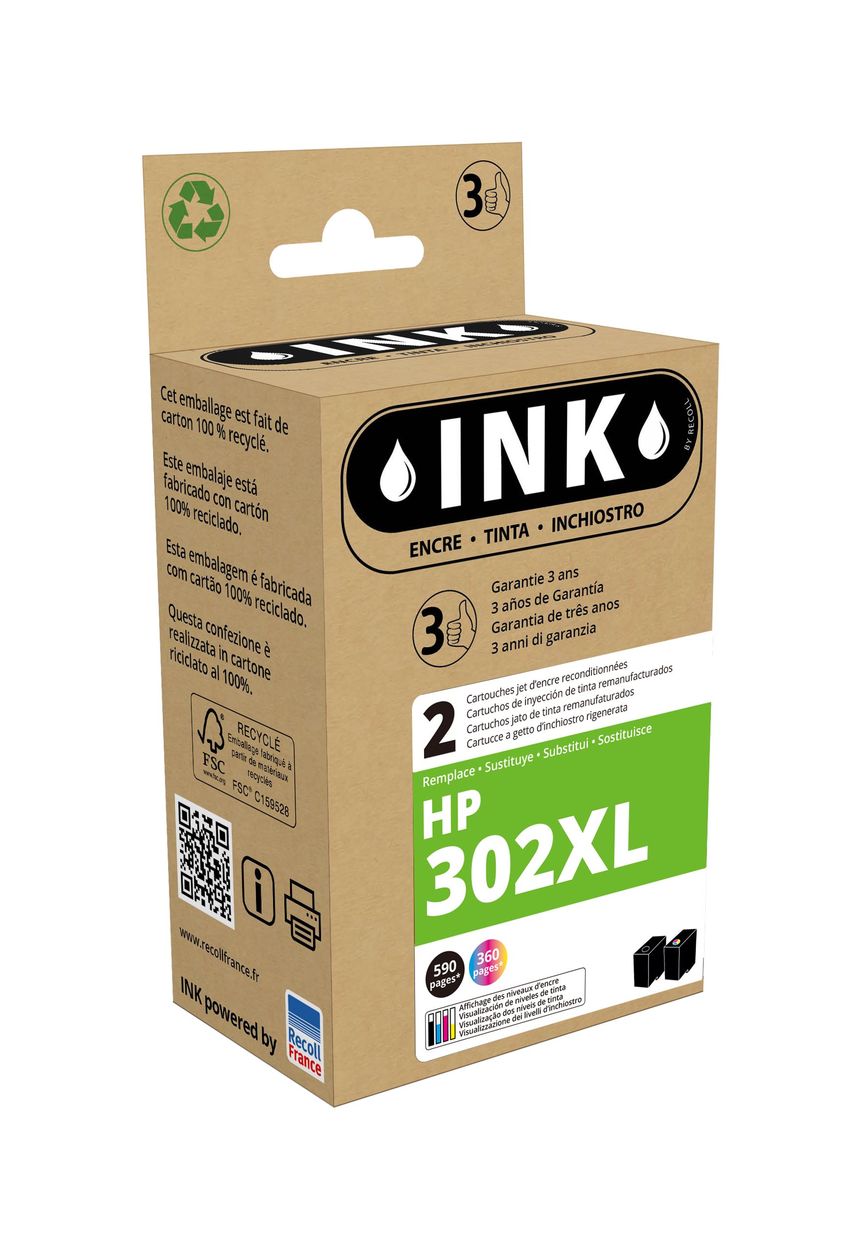 Cartouche compatible HP 302XL - pack de 2 - noir, cyan, magenta, jaune - ink