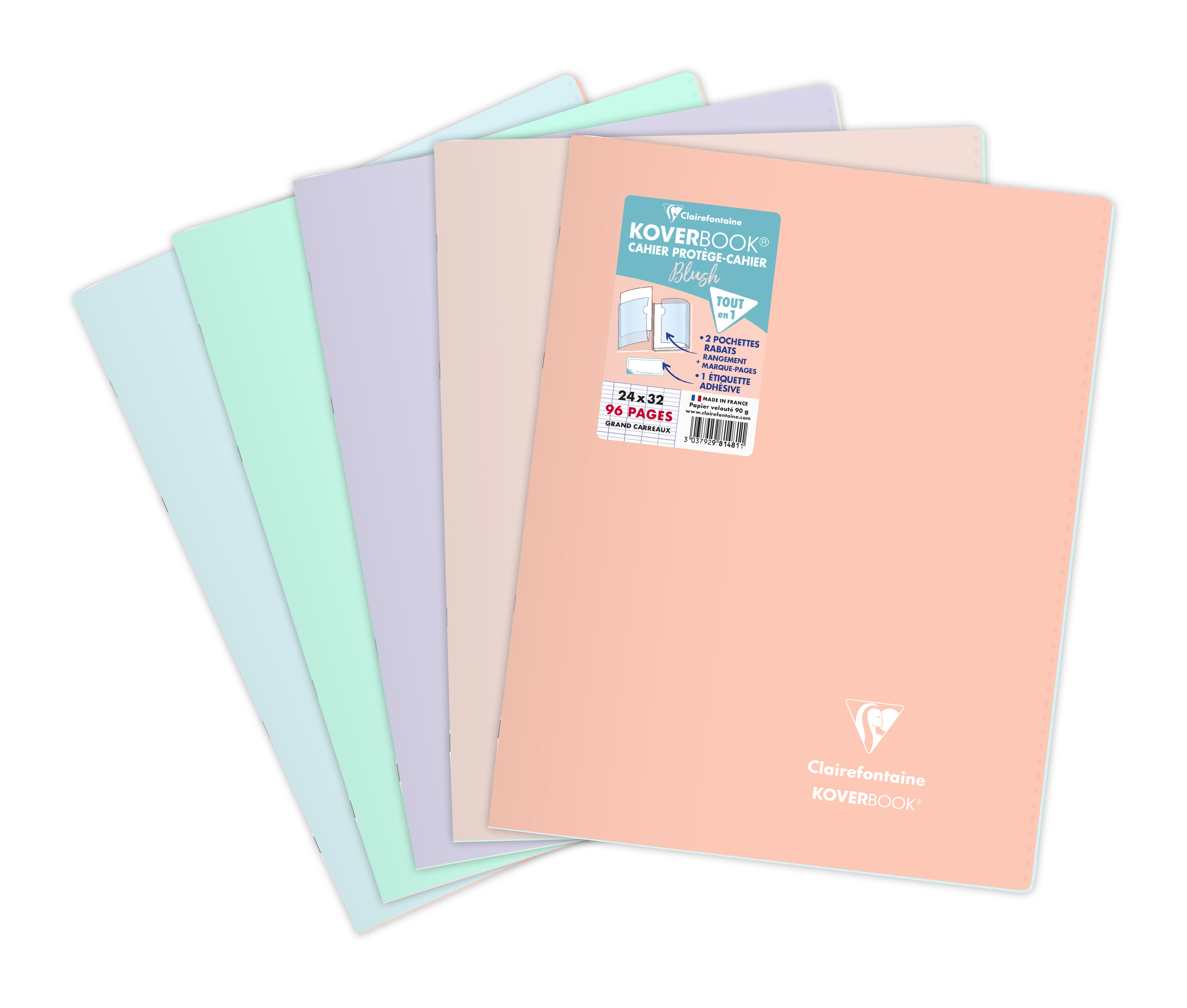 Clairefontaine Koverbook - Cahier polypro 24 x 32 cm - 96 pages - grands carreaux (Seyes) - disponible dans différentes couleurs pastels