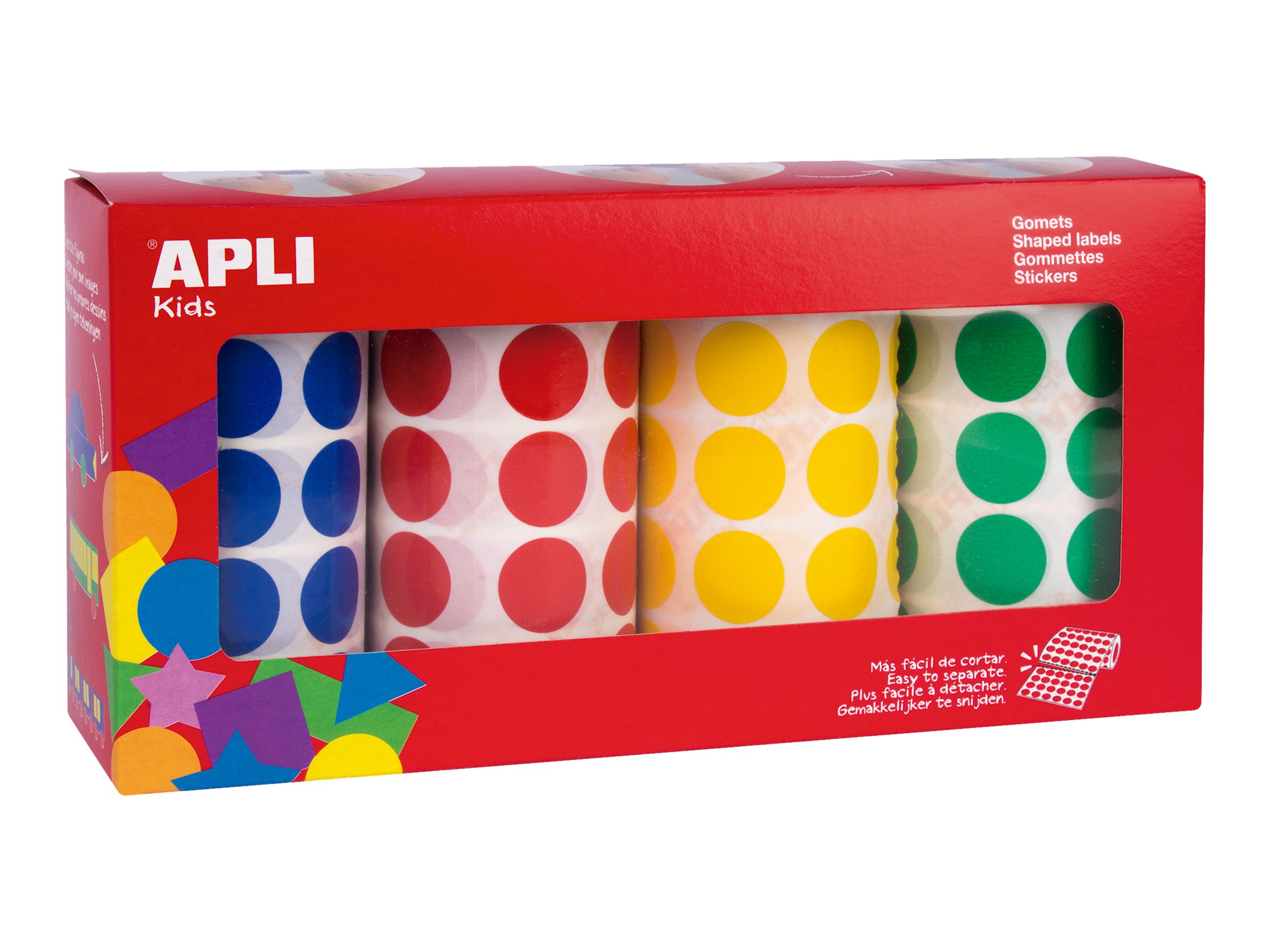 APLI kids 4 rouleaux de gommettes rondes 20 mm Ø bleu, jaune