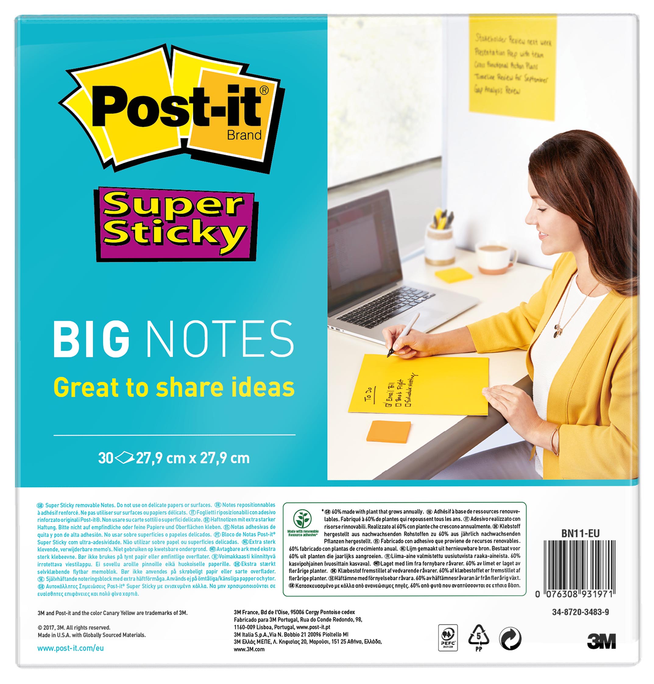 Post-it - Big Notes Super Sticky - jaune - bloc de 30 feuilles