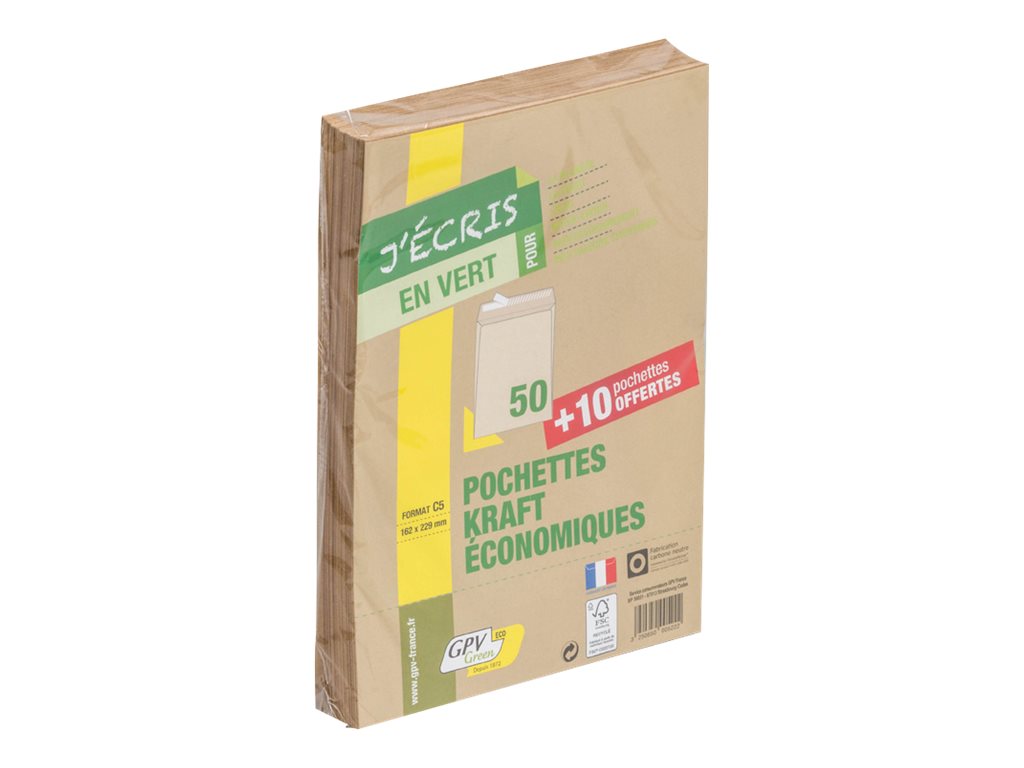 GPV Green - 50 Pochettes Enveloppes + 10 gratuites C5 162 x 229 mm - 90 gr - sans fenêtre - kraft - bande adhésive
