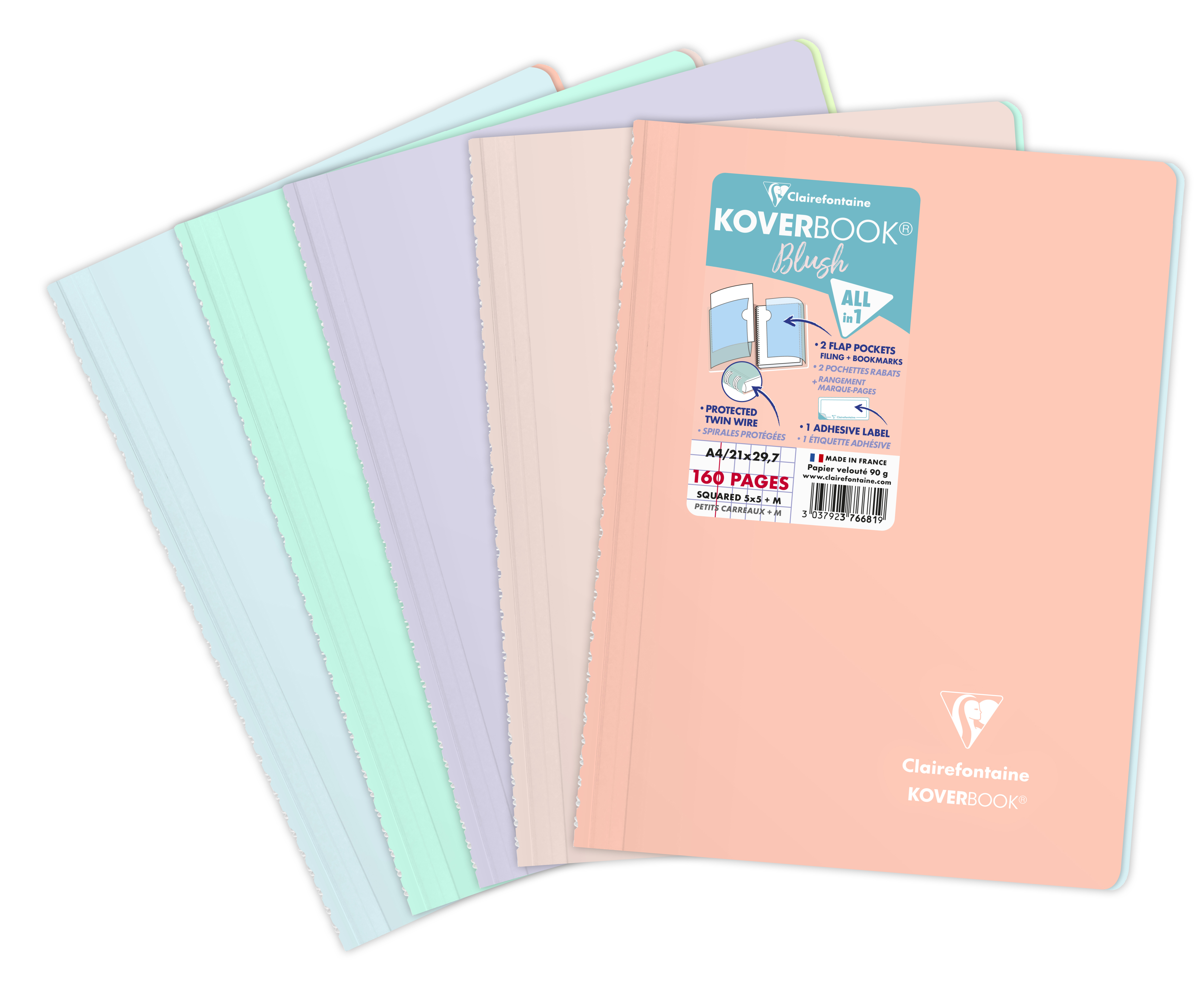 Clairefontaine Koverbook - Cahier polypro A4 (21x29,7 cm) - 160 pages - petits carreaux (5x5 mm) - disponible dans différentes couleurs pastels