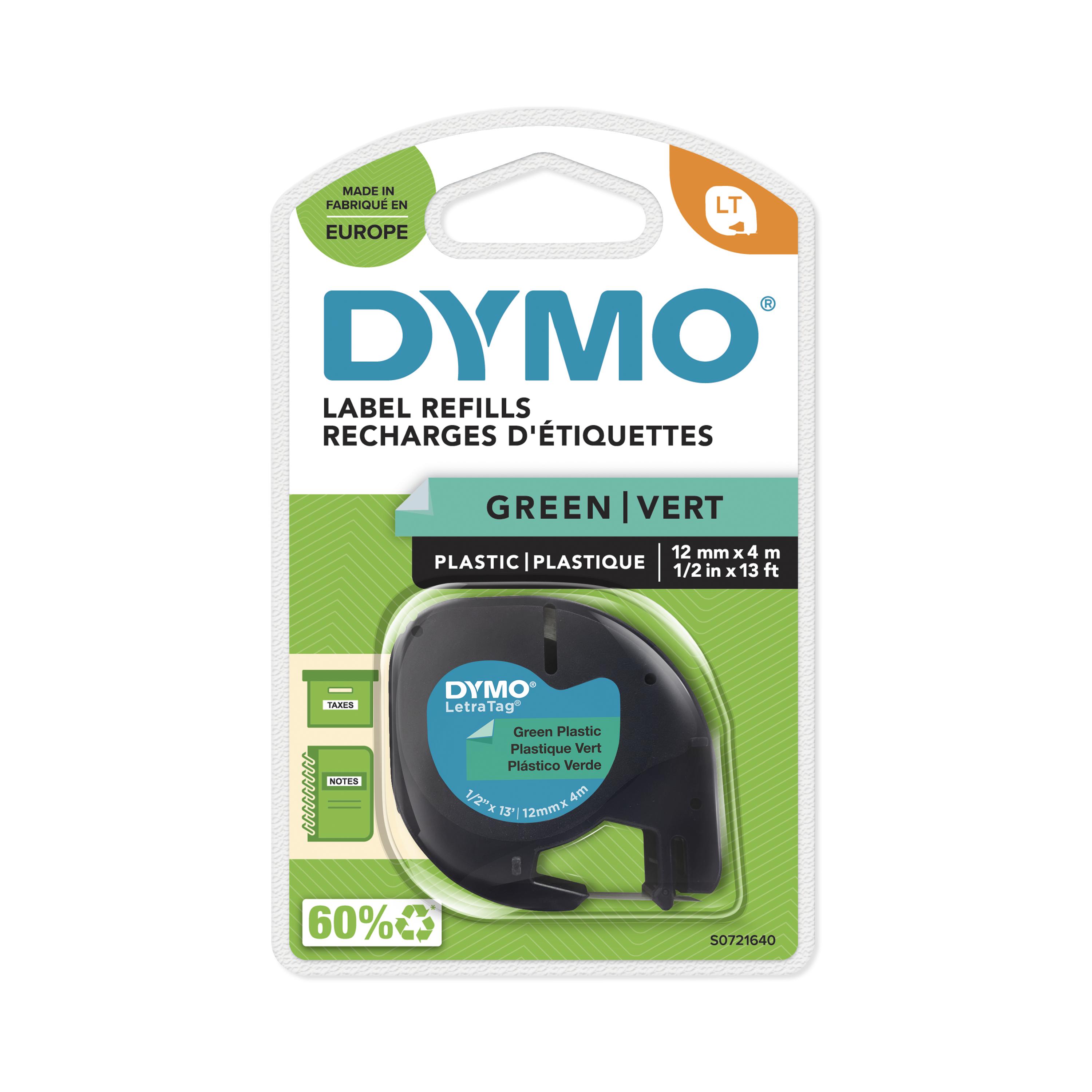 Dymo LetraTAG - Ruban d'étiquettes plastique auto-adhésives - 1 rouleau (12 mm x 4 m) - fond vert écriture noire