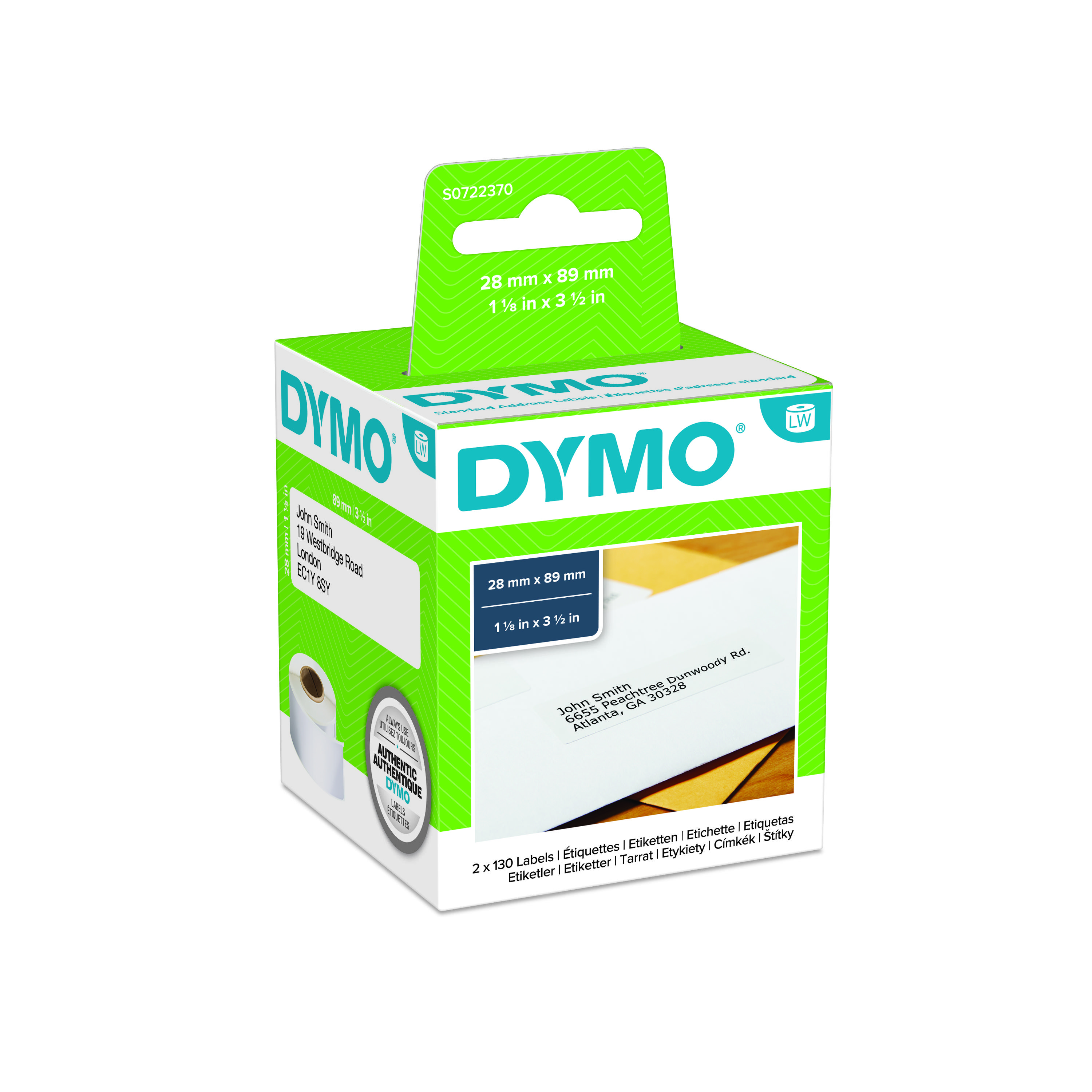 Dymo LabelWriter Address  - Ruban d'étiquettes auto-adhésives - 2 rouleaux de 130 étiquettes (28 x 89 mm) - fond blanc écriture noire