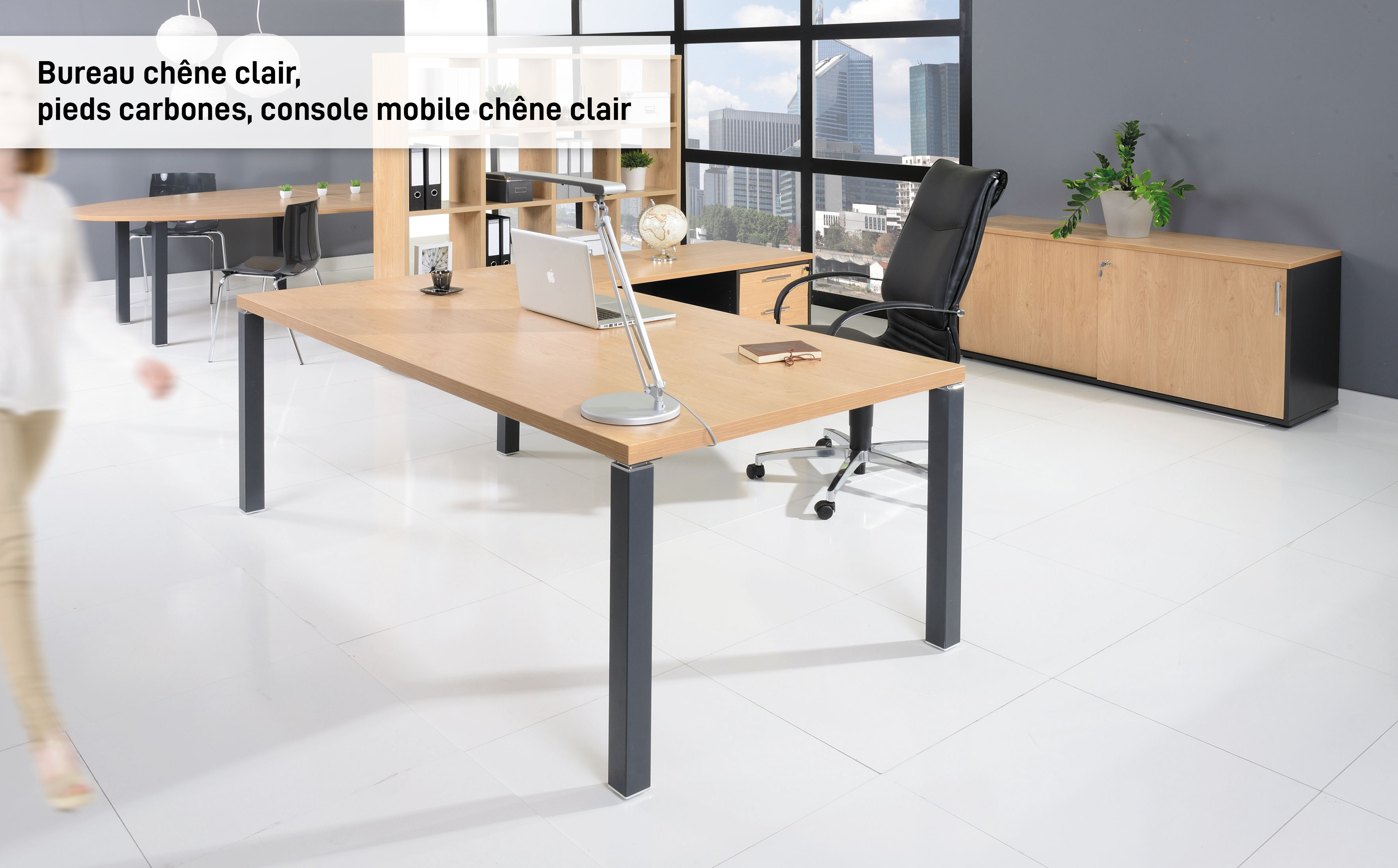Bureau EXPRIM Manager - L200 x P100 x H72,5 cm - Plateau imitation chêne clair - Pieds carbone 