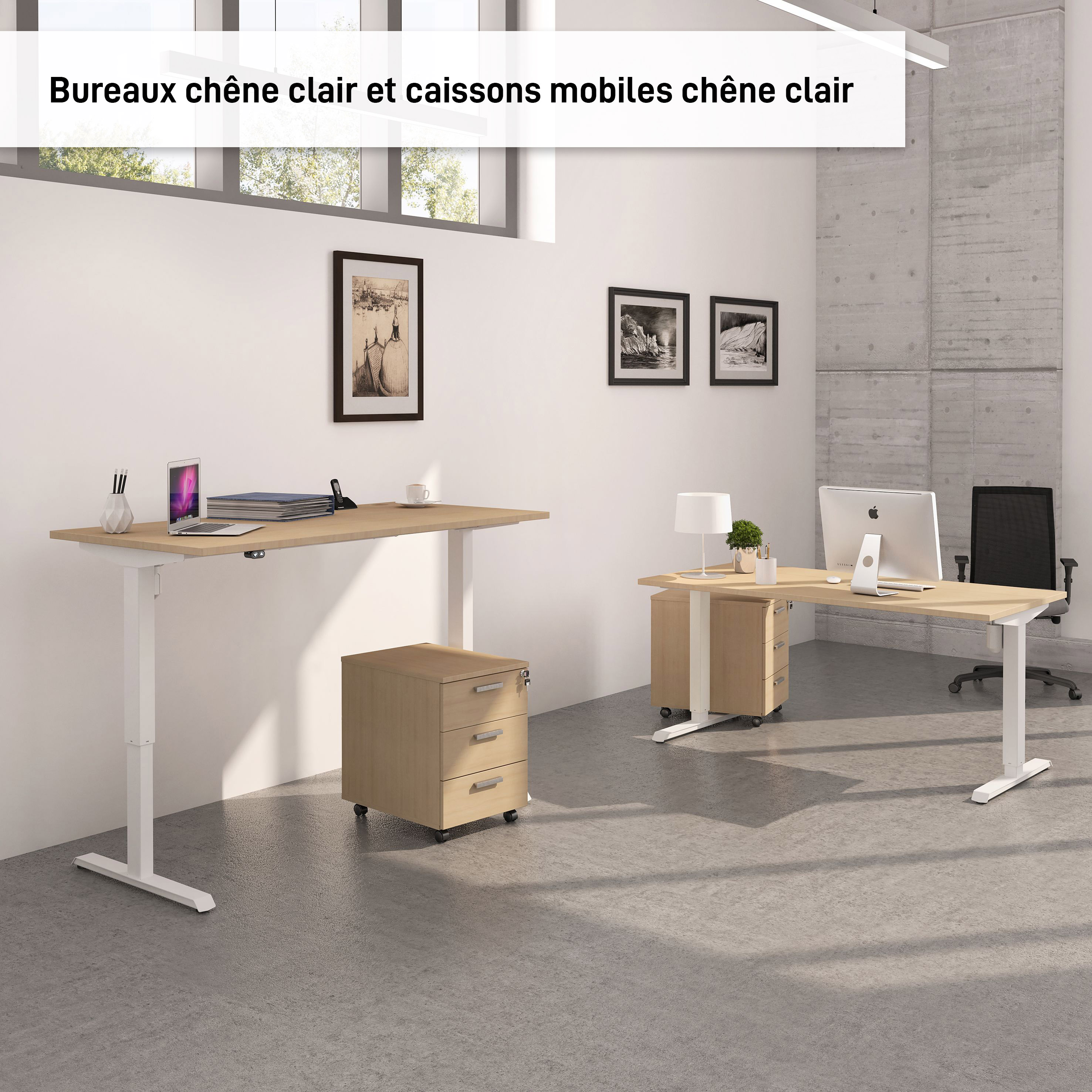 Bureau LEVEL réglable en hauteur par boitier de contrôle - 160 x 80 cm - Imitation Chêne clair