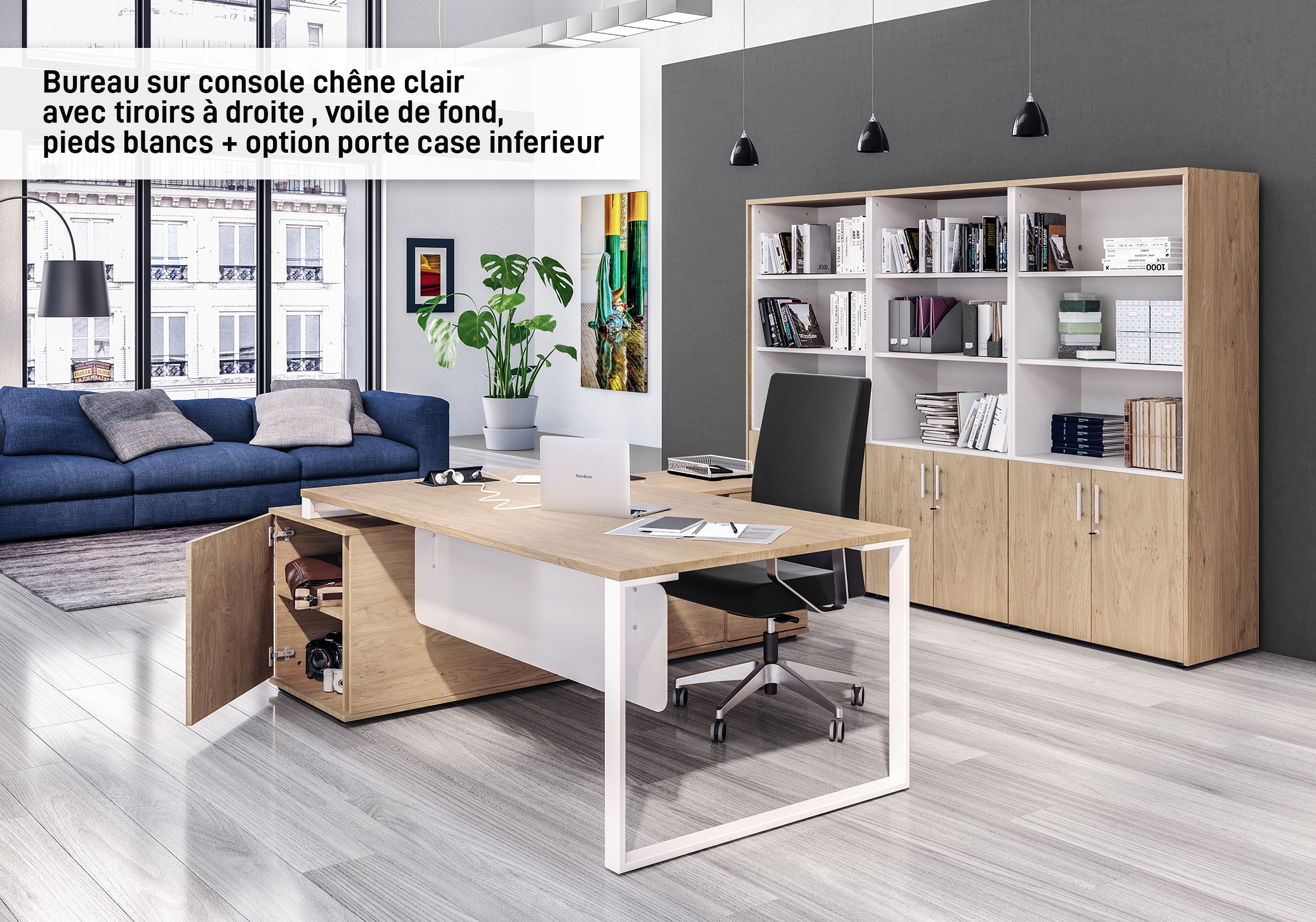 Bureau URBAN Manager - L180 x P100 x H72,5 cm - pieds blanc - plateau imitation chêne clair