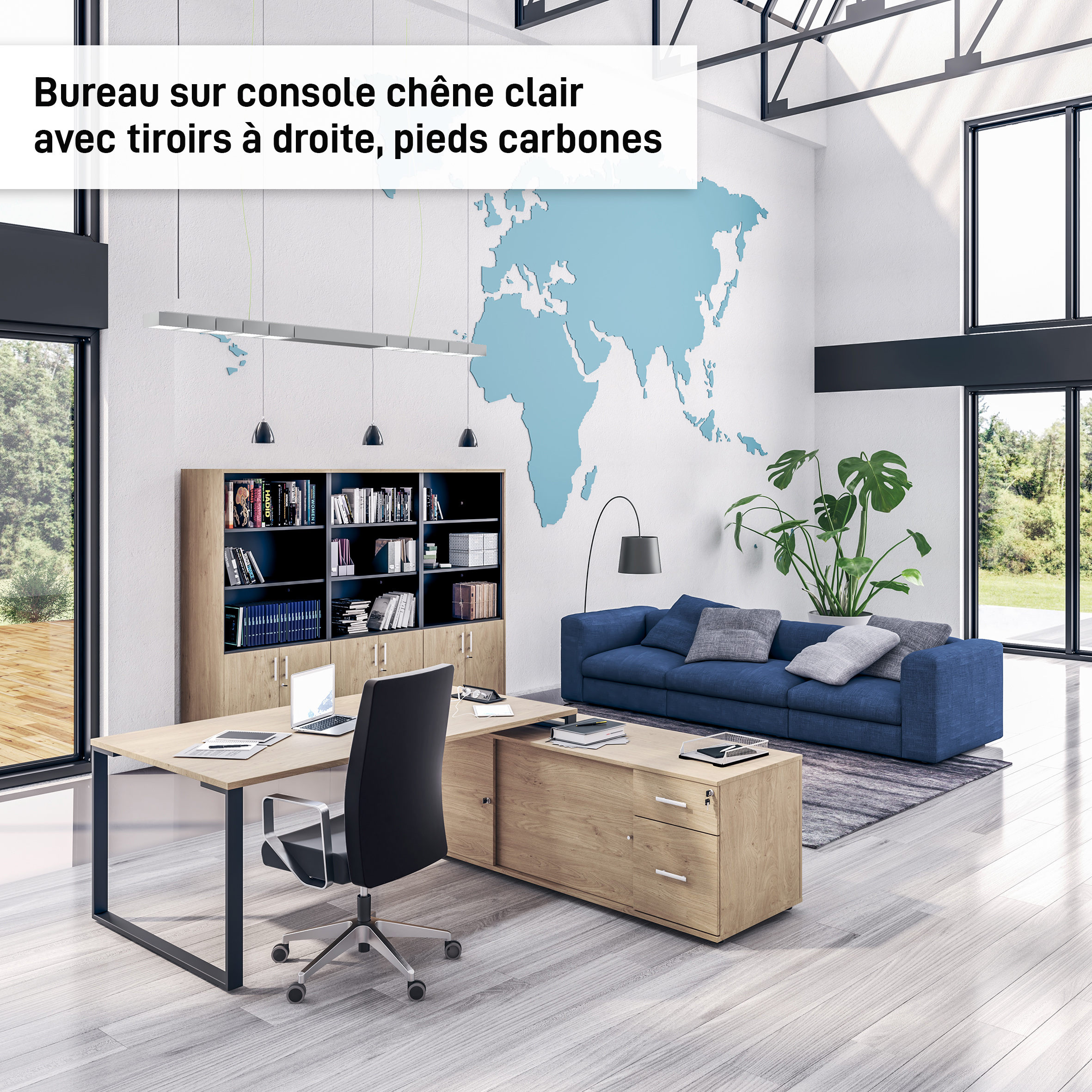 Bureau URBAN Manager - L180 x P100 x H72,5 cm - console retour à droite (tiroirs) L200 x P60 x H72,5 cm - pieds carbone - plateau imitation chêne clair
