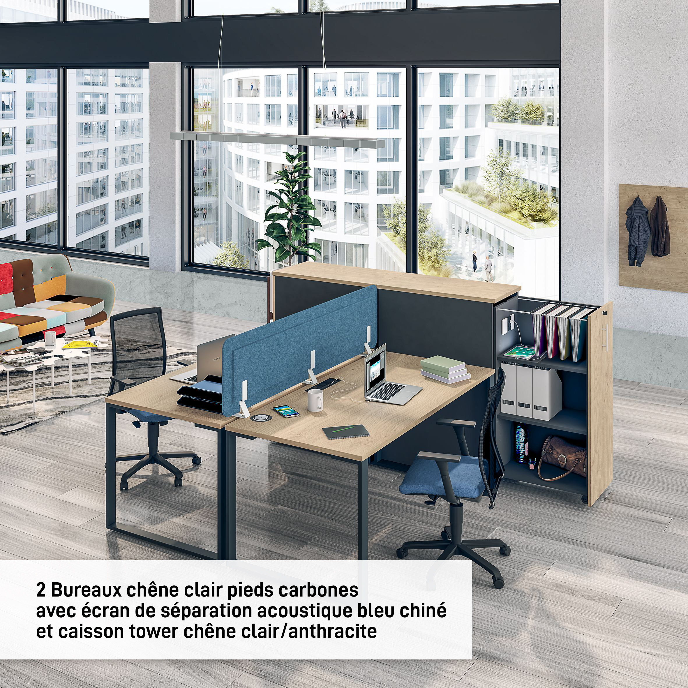 Bureau droit LOFTER - L160 cm - Plateau imitation chêne clair - pied Carbone