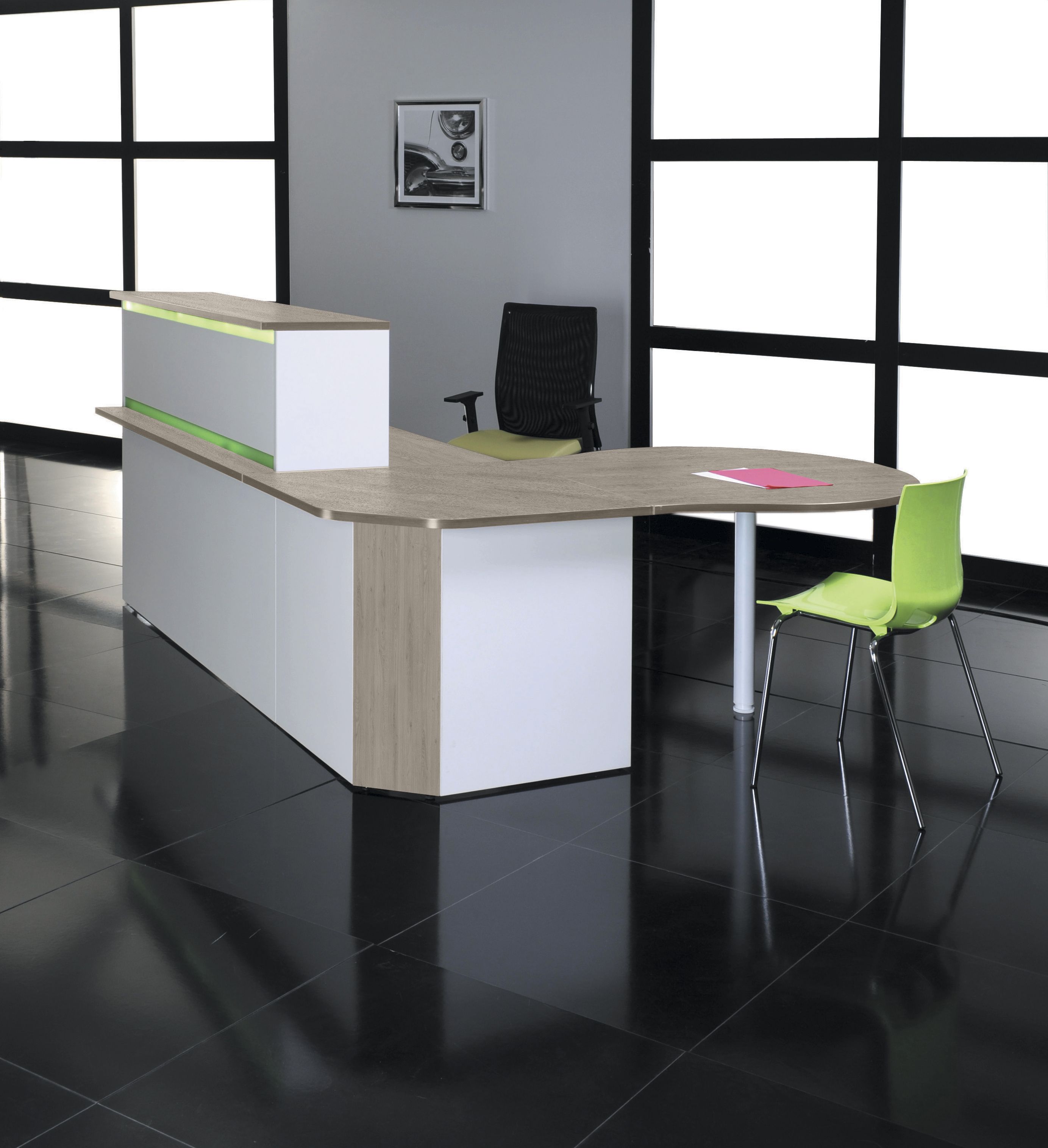 Banque d'accueil LUMINA - sans réhausse - L100 x H75 x P80 cm - Finition chêne gris/blanc