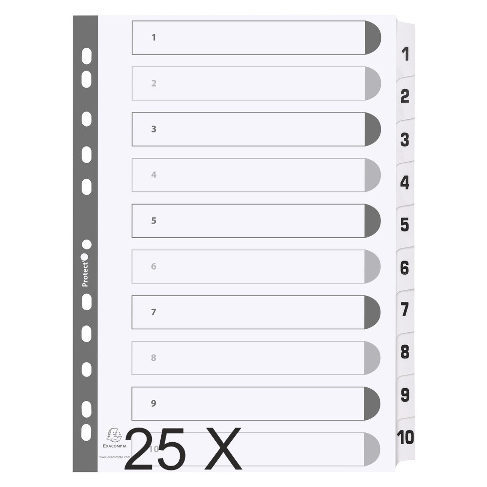 Exacompta - Pack de 25 intercalaires 10 positions numériques - A4 - blanc - touches plastifiées