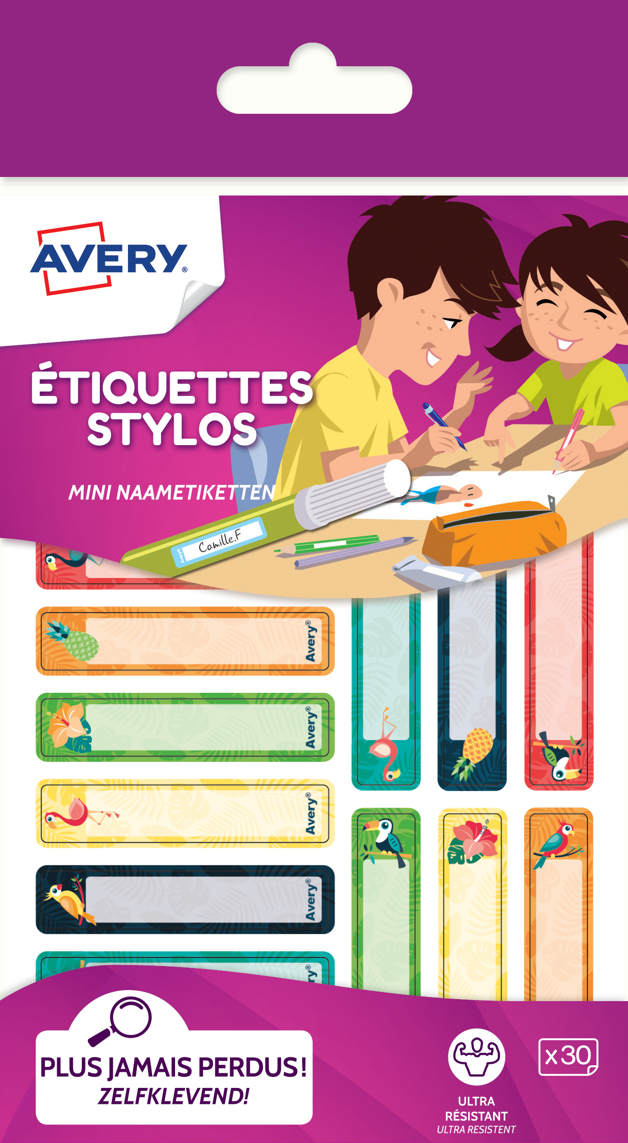 Avery - 30 Étiquettes adhésives pour stylos - 50 x 10 mm - tropical