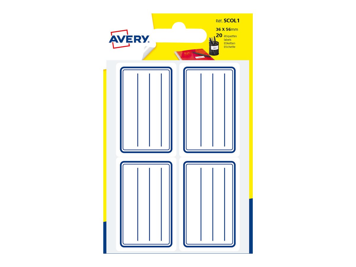 Avery - 20 Étiquettes scolaires blanches lignées bleu - 36 x 56 mm