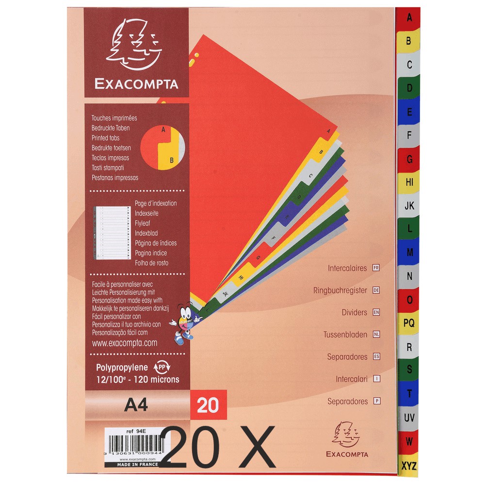 Exacompta - Pack de 20 intercalaires 20 positions alphabétiques - A4 - couleurs assorties
