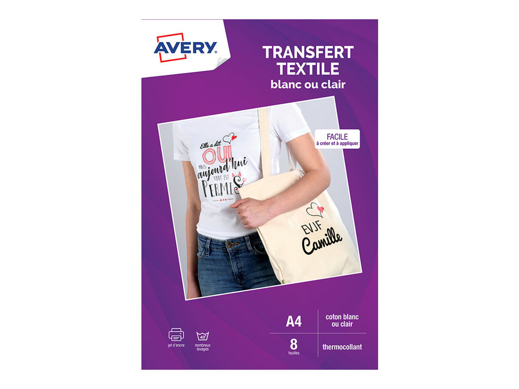 Avery - Papier transfert sur T-shirt/Textile clair - 8 feuilles A4 - impression jet d'encre