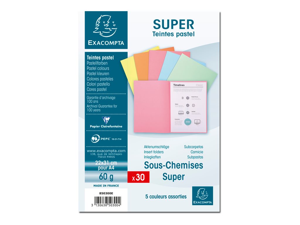 Exacompta Super 60 - 30 Sous-chemises - 60 gr - pour 100 feuilles - couleurs pastels assorties