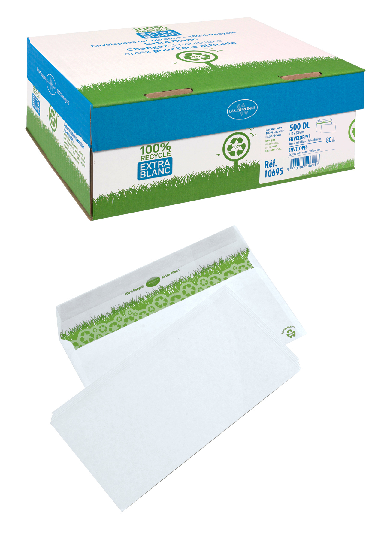 La Couronne - 500 Enveloppes recyclées DL 110 x 220 mm - 80 gr - sans fenêtre - blanc