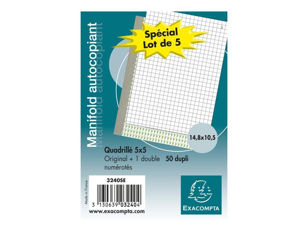 Exacompta - 5 Manifolds quadrillés 5x5 - 50 dupli - 14,8 x 10,5 cm