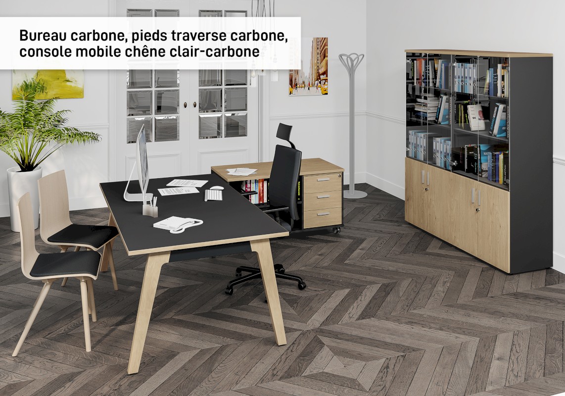 Bureau WOODY Manager - L180 x P100 x H72,5 cm - pieds chêne traverse carbone - plateau imitation Chêne clair