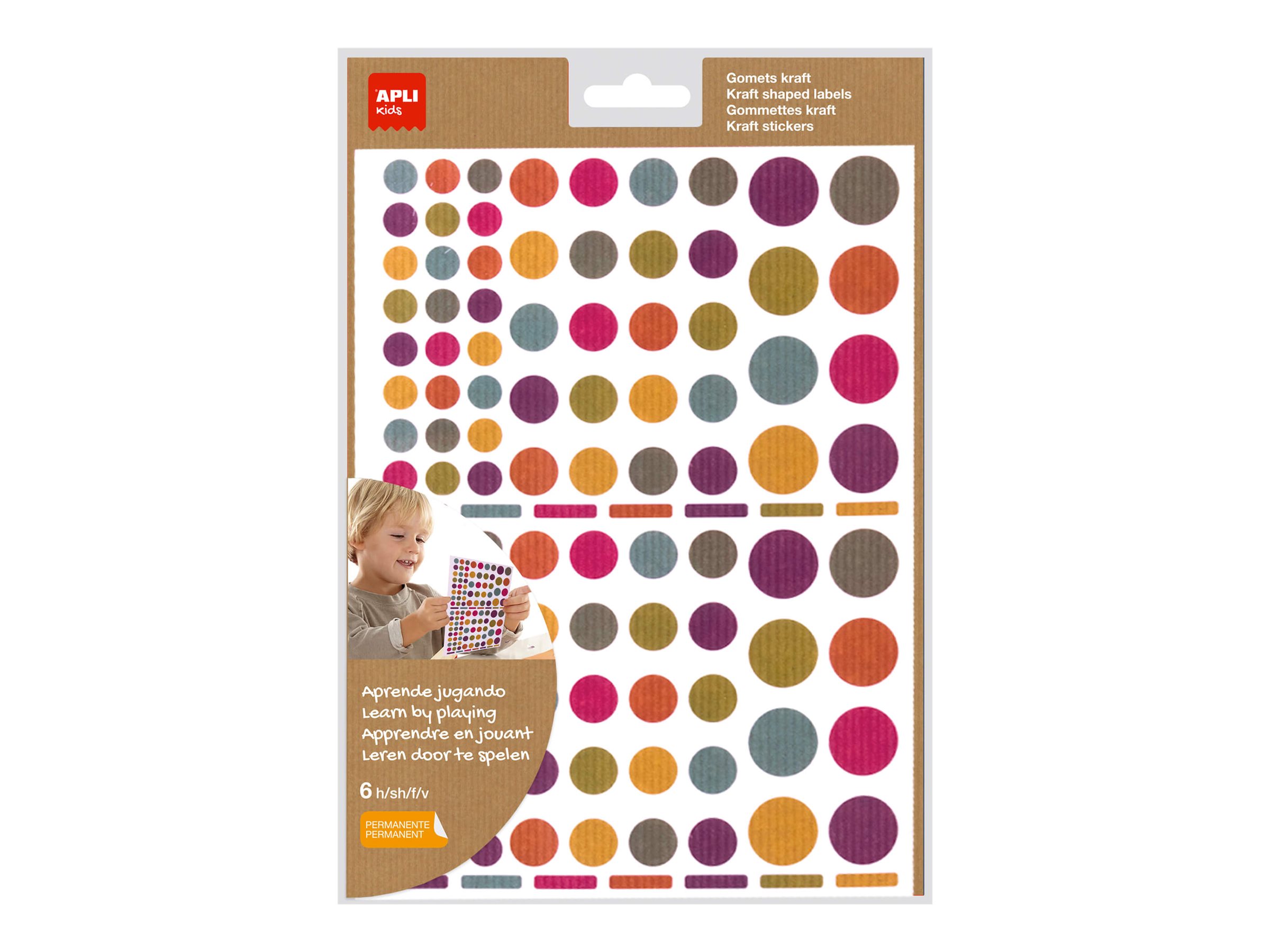 Apli Kids - 624 Gommettes kraft - couleurs assorties : jaune, violet, rouge, bleu clair, vert clair, gris-bleu, fuchsia (6 feuilles)