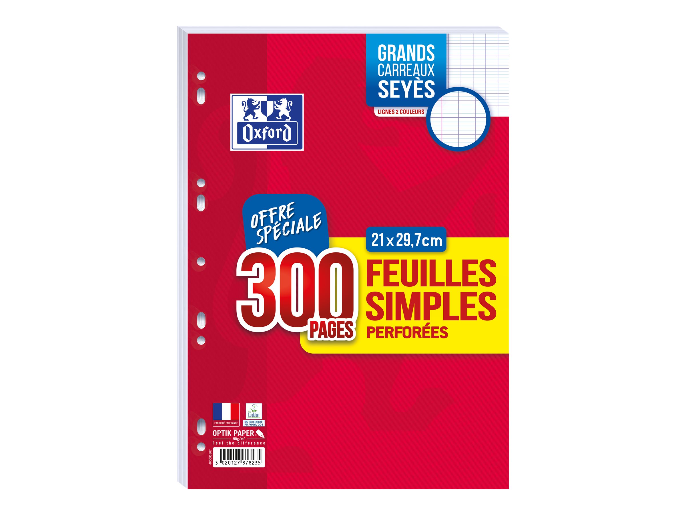 Oxford - 300 feuilles simples A4 sous film - grands carreaux (Seyes) - perforées