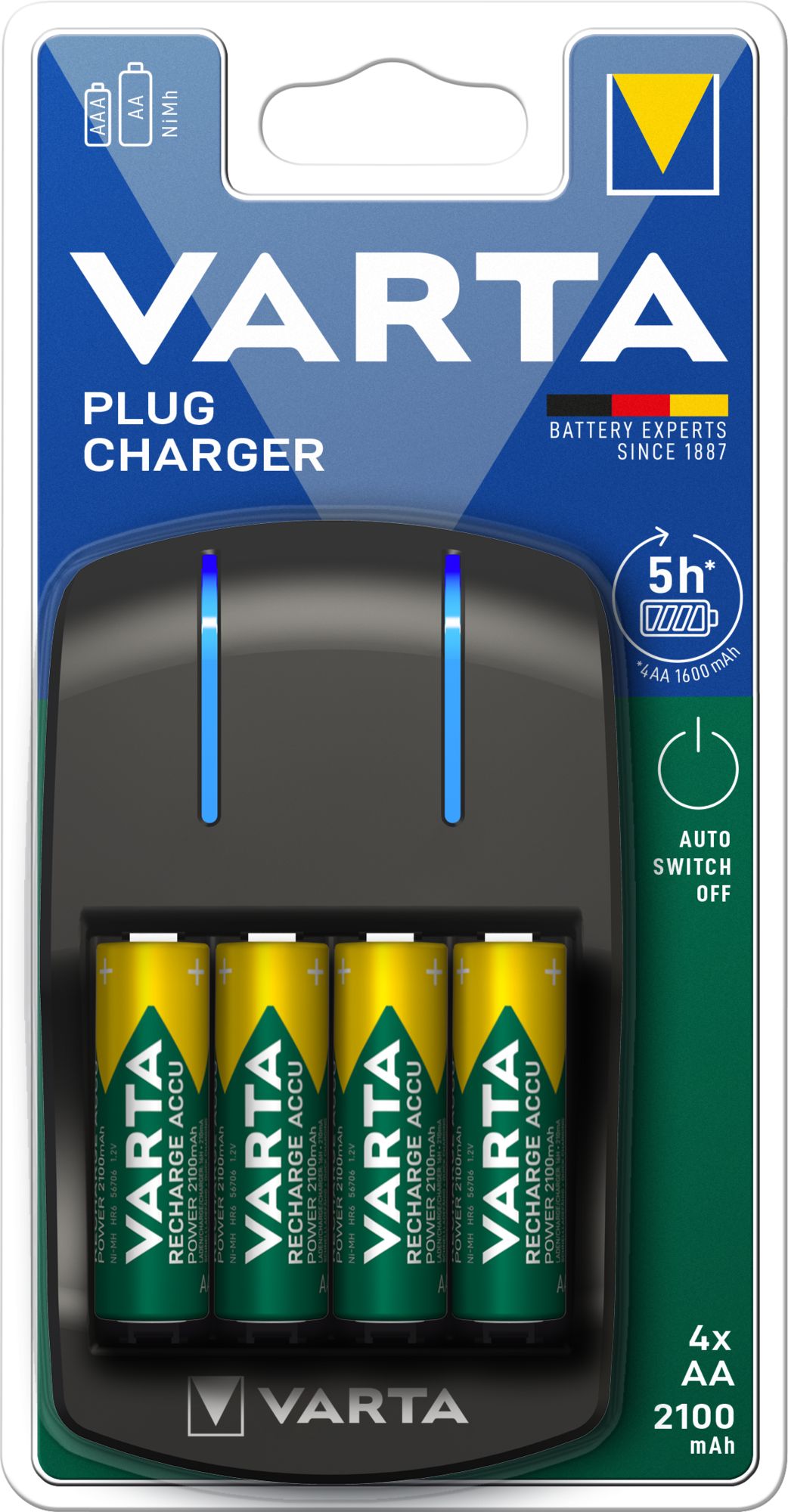 VARTA Plug charger - chargeur pour piles rechargeables AA/AAA avec 4 piles AA LR06